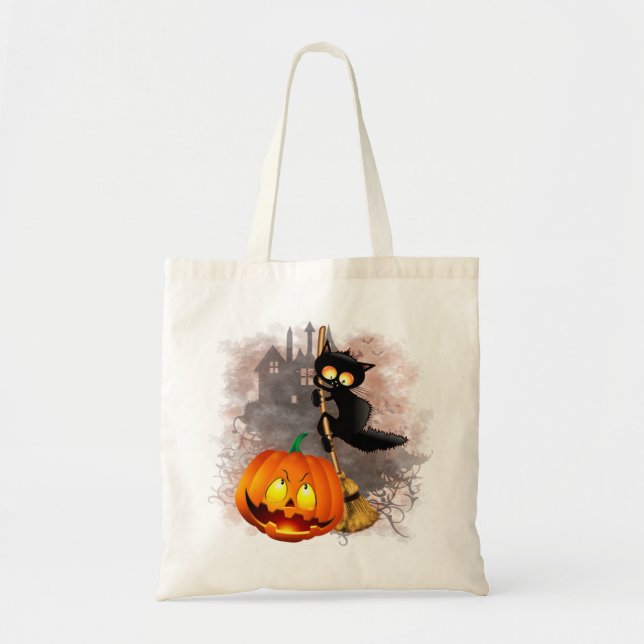 Cat Scared by Pumpkin Fun Halloween Character Tote Bag (Front)