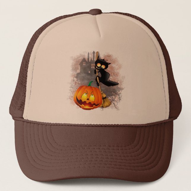 Cat Scared by Pumpkin Fun Halloween Character Trucker Hat (Front)