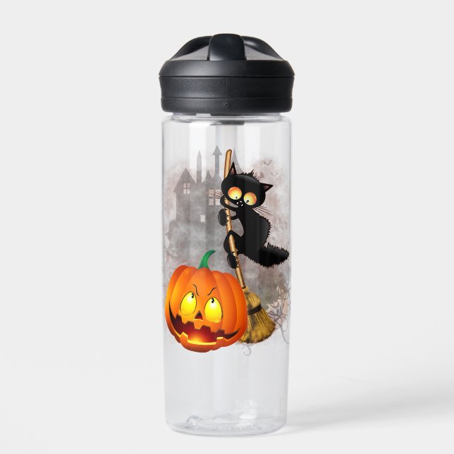 Cat Scared by Pumpkin Fun Halloween Character Water Bottle (Front)