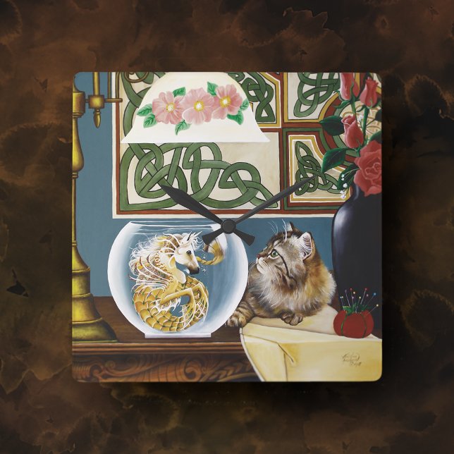 Cat Sea Horse Fantasy Square Wall Clock (Creator Uploaded)
