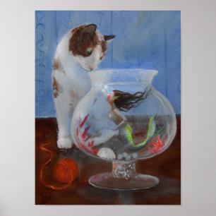 Cat sees a mermaid in a fishbowl! poster