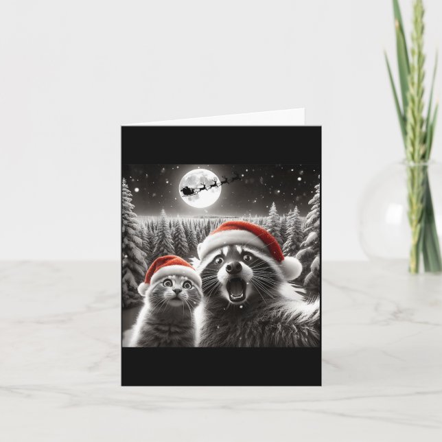 Cat Selfie Racoon Funny Santa Christmas Dog  Card (Front)