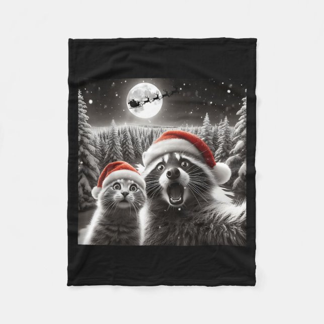 Cat Selfie Racoon Funny Santa Christmas Dog  Fleece Blanket (Front)