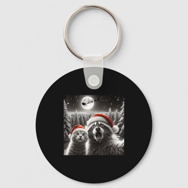 Cat Selfie Racoon Funny Santa Christmas Dog  Key Ring (Front)