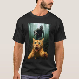 Cat Selfie Running from Halloween Zombie Funny Kit T-Shirt