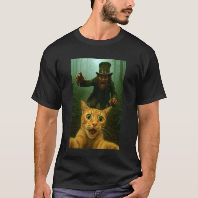 Cat Selfie Running from Leprechaun St. Patrick's D T-Shirt (Front)