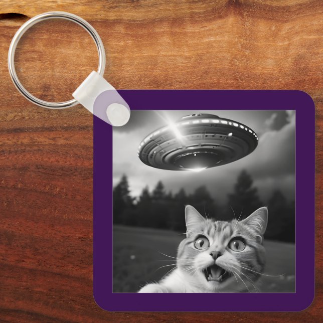 Cat Selfie UFO Keychain Funny Alien Abduction (Front)