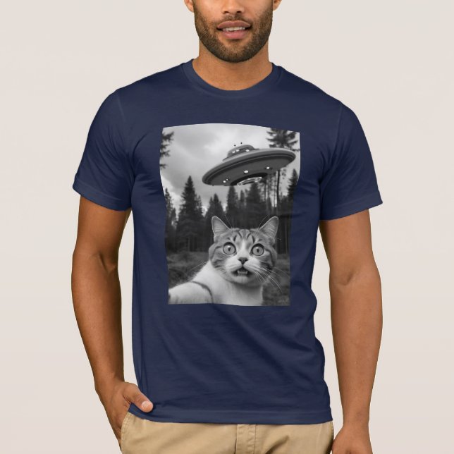 Cat Selfie UFO Tee Funny Alien Abduction Shirt (Front)