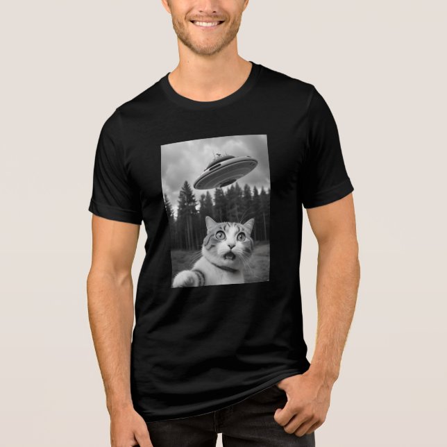 Cat Selfie UFO Tee Funny Alien Abduction Shirt (Front)