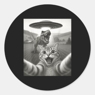 Cat Selfie With Alien Ufo &amp; T-rex Dinosaur Fun Classic Round Sticker