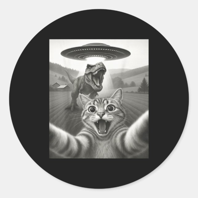 Cat Selfie With Alien Ufo &amp; T-rex Dinosaur Fun Classic Round Sticker (Front)