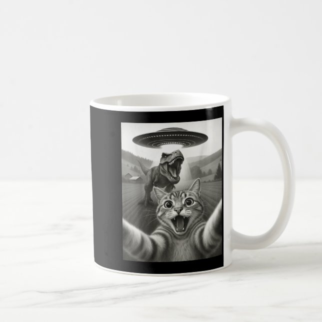 Cat Selfie With Alien Ufo &amp; T-rex Dinosaur Fun Coffee Mug (Right)