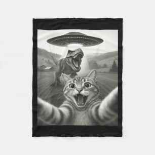 Cat Selfie With Alien Ufo & T-rex Dinosaur Fun Fleece Blanket