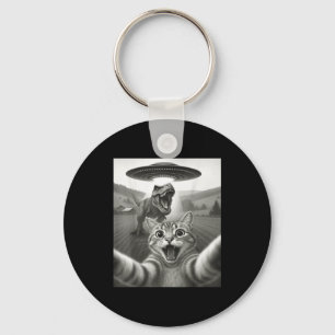 Cat Selfie With Alien Ufo & T-rex Dinosaur Fun Key Ring