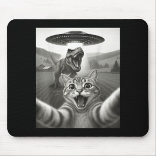 Cat Selfie With Alien Ufo & T-rex Dinosaur Fun Mouse Mat