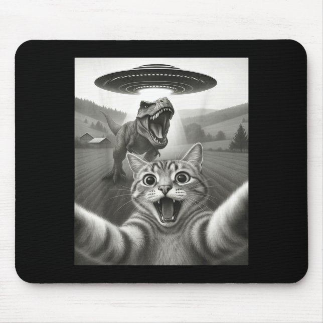 Cat Selfie With Alien Ufo &amp; T-rex Dinosaur Fun Mouse Mat (Front)