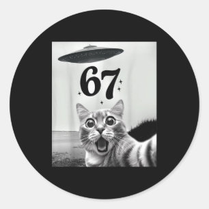 Cat Selfie With Alien Ufo And 67 Funny 6 7 For Men Classic Round Sticker