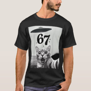 Cat Selfie With Alien Ufo And 67 Funny 6 7 For Men T-Shirt