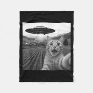 Cat Selfie With Alien Ufo Funny Cat For Men Women Fleece Blanket