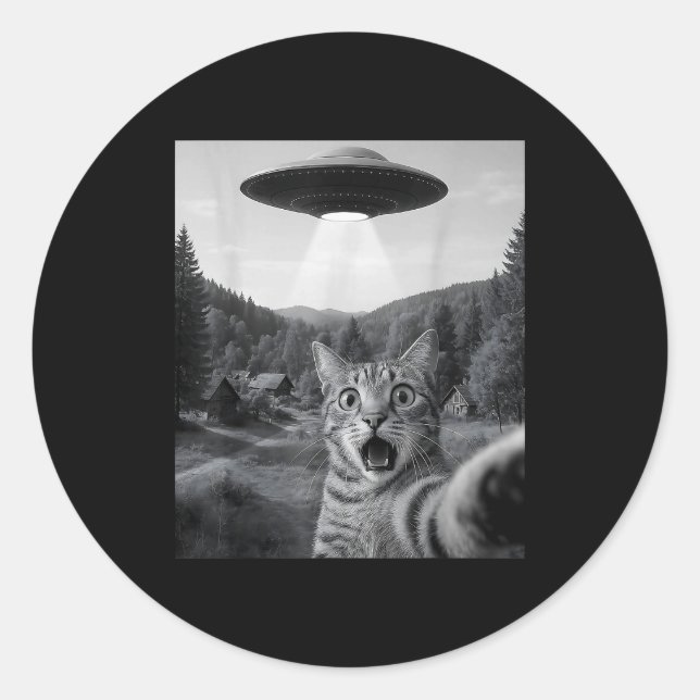 Cat Selfie With Alien Ufo Funny Cat Funny Ed Cat  Classic Round Sticker (Front)