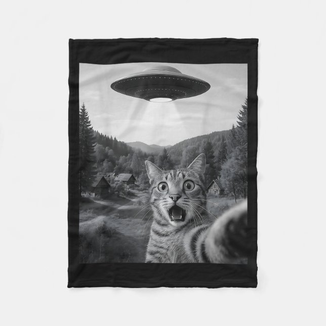 Cat Selfie With Alien Ufo Funny Cat Funny Ed Cat  Fleece Blanket (Front)