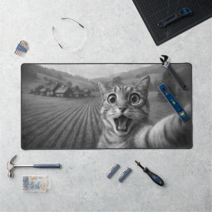 Cat Selfie With Alien UFO Funny Cat Gifts Desk Mat