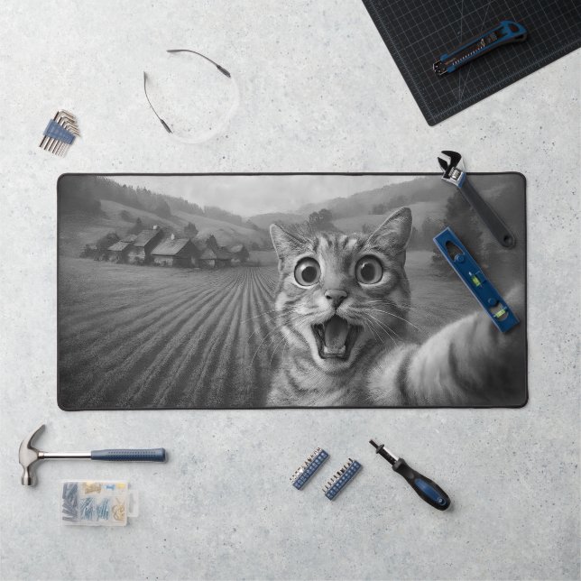 Cat Selfie With Alien UFO Funny Cat Gifts Desk Mat (Workstation)