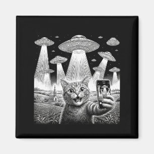 Cat Selfie with Alien UFO Funny Cat Gifts for Men Magnet