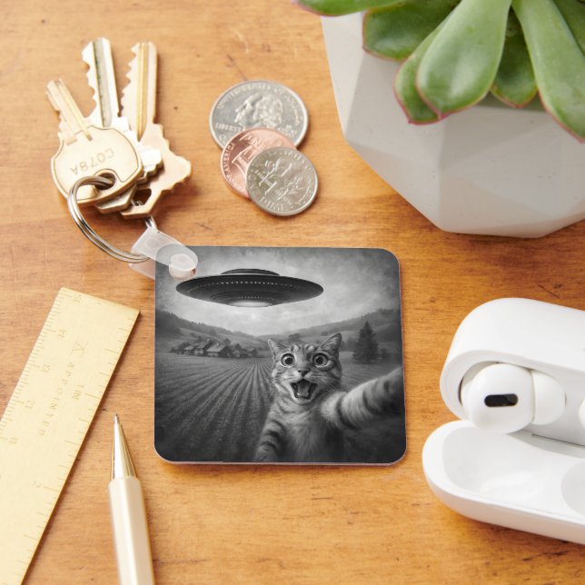 Cat Selfie With Alien UFO Funny Cat Gifts Key Ring (Desk)