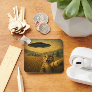 Cat Selfie With Alien UFO Funny Cat Gifts Key Ring