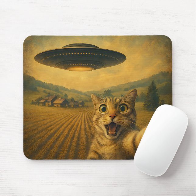 Cat Selfie With Alien UFO Funny Cat Gifts Mouse Mat (With Mouse)