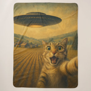 Cat Selfie With Alien UFO Funny Cat Gifts Sherpa Blanket