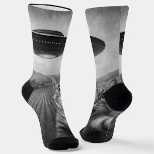 Cat Selfie With Alien UFO Funny Cat Gifts Socks