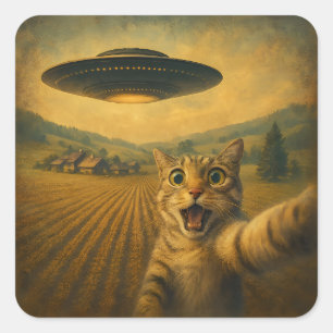 Cat Selfie With Alien UFO Funny Cat Gifts Square Sticker