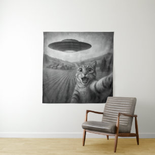 Cat Selfie With Alien UFO Funny Cat Gifts Tapestry