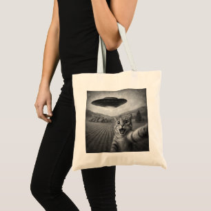 Cat Selfie With Alien UFO Funny Cat Gifts Tote Bag