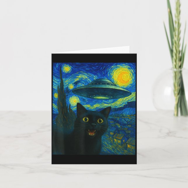 Cat Selfie With Alien Ufo Night Van Gogh Men Women Card (Front)