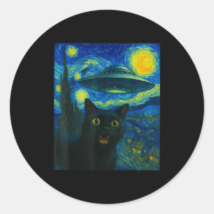Cat Selfie With Alien Ufo Night Van Gogh Men Women Classic Round Sticker