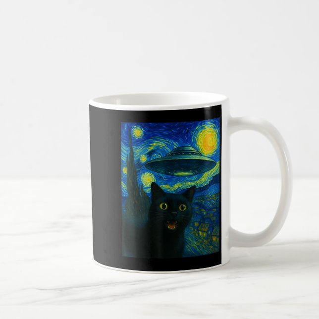Cat Selfie With Alien Ufo Night Van Gogh Men Women Coffee Mug (Right)