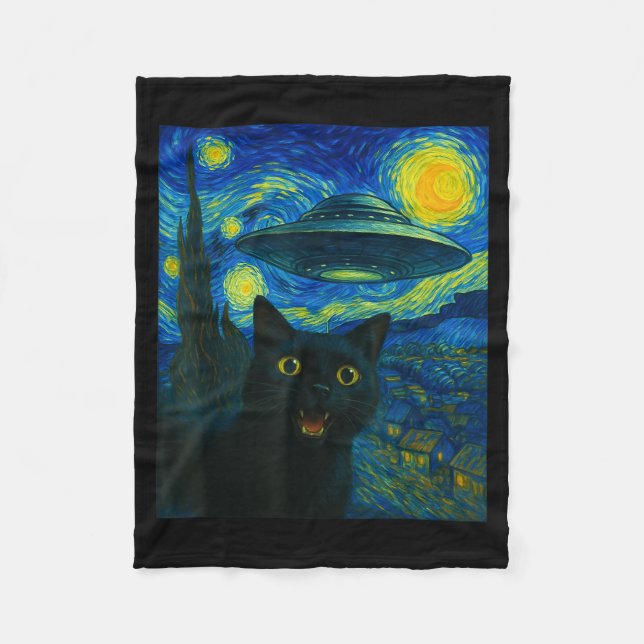 Cat Selfie With Alien Ufo Night Van Gogh Men Women Fleece Blanket (Front)