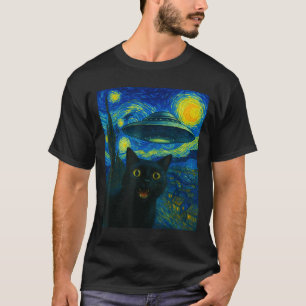 Cat Selfie With Alien Ufo Night Van Gogh Men Women T-Shirt