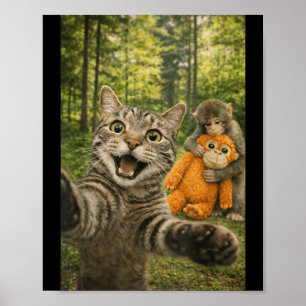 Cat Selfie with Baby Monkey Funny Photo Animal Poster