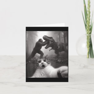 Cat Selfie with Bigfoot Fighting T-Rex Dinosaur Card
