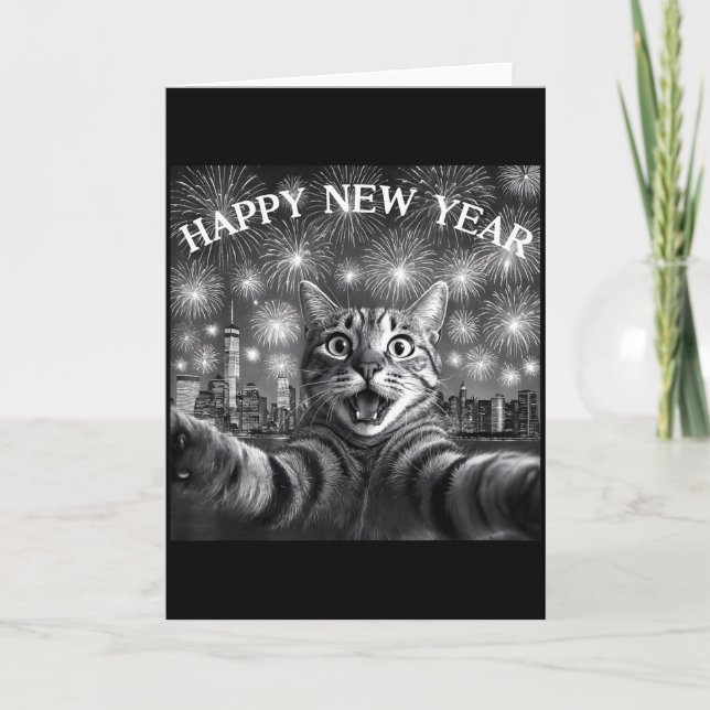 Cat Selfie With Firework Countdown Funny Happy New Card (Front)