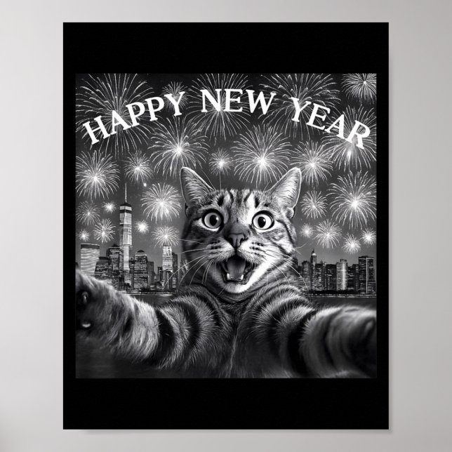 Cat Selfie With Firework Countdown Funny Happy New Poster (Front)