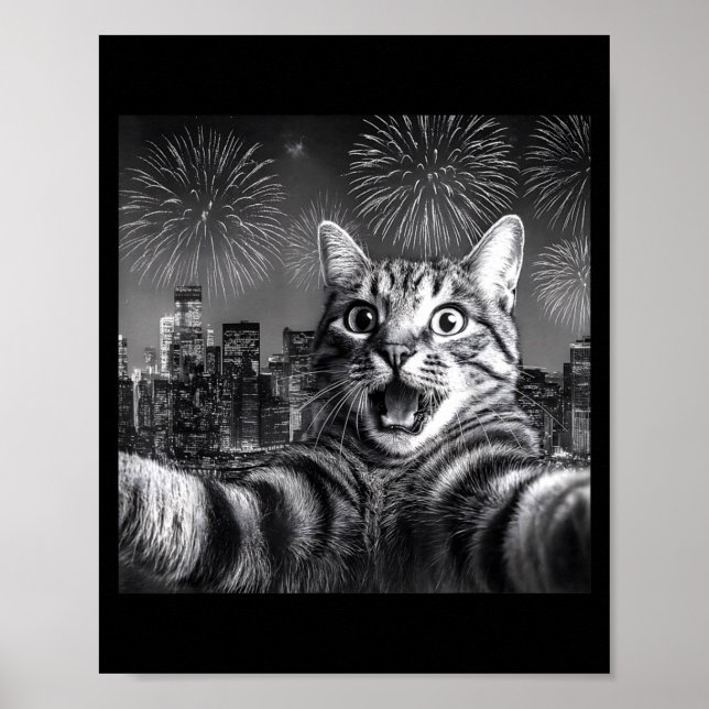 Cat Selfie With Firework In The City Funny Happy N Poster (Front)