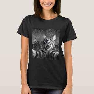 Cat Selfie With Firework In The City Funny Happy N T-Shirt