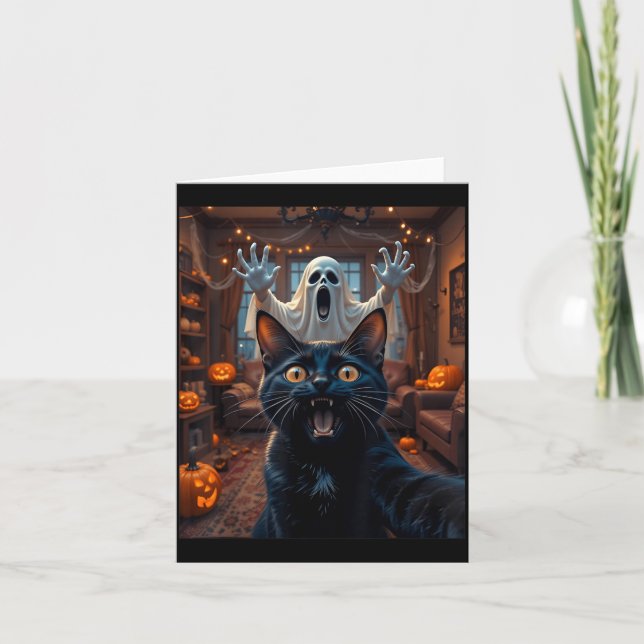 Cat Selfie With Ghost Scary Funny Halloween Card (Front)