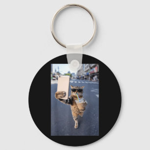 Cat Selfie with Iced Coffee Funny Cat Meme Animal Key Ring