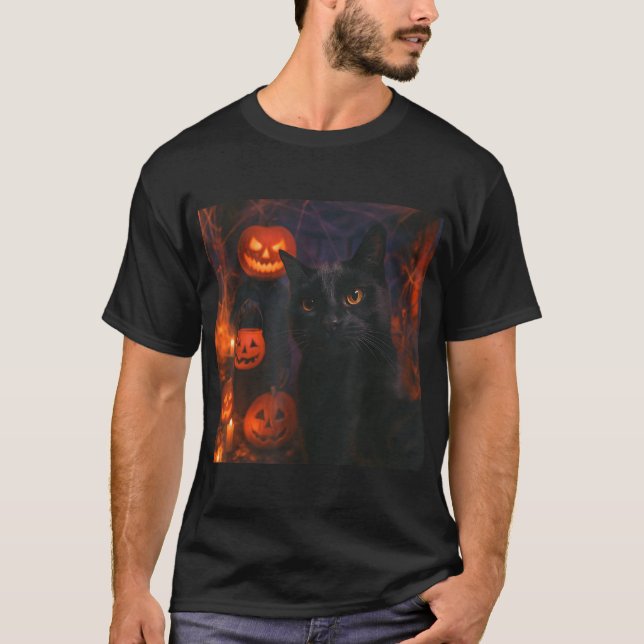 Cat Selfie With Jack O Lantern Halloween T-Shirt (Front)